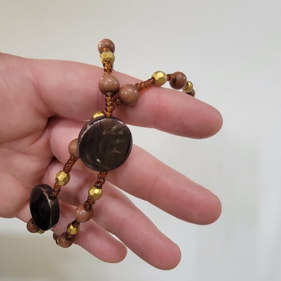 Brown and Gold Beaded Necklace with Round Accents Boho Earthy Seed Bead Jewelry - Picture 8 of 10